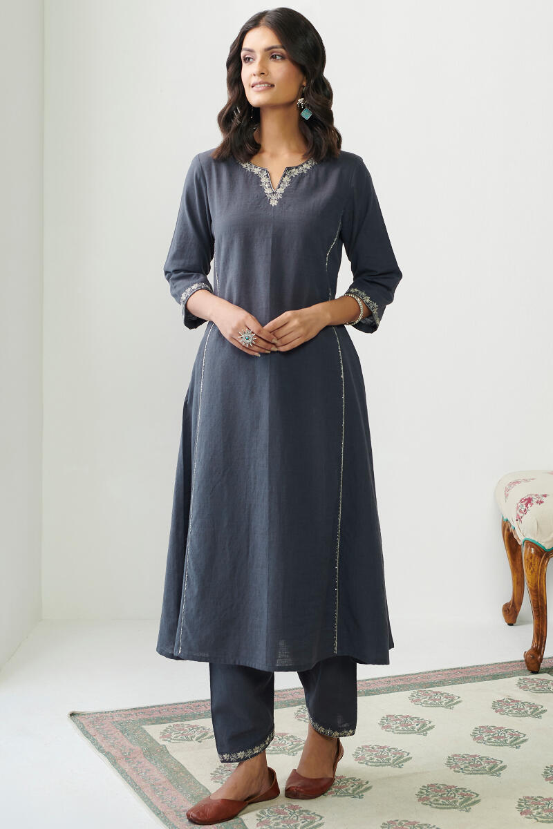 Blue Handcrafted A-Line Cotton Kurta