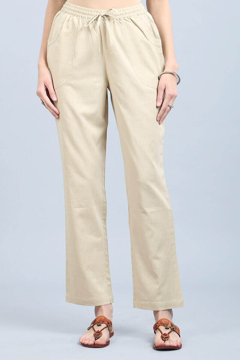 Beige Handcrafted Cotton Pants