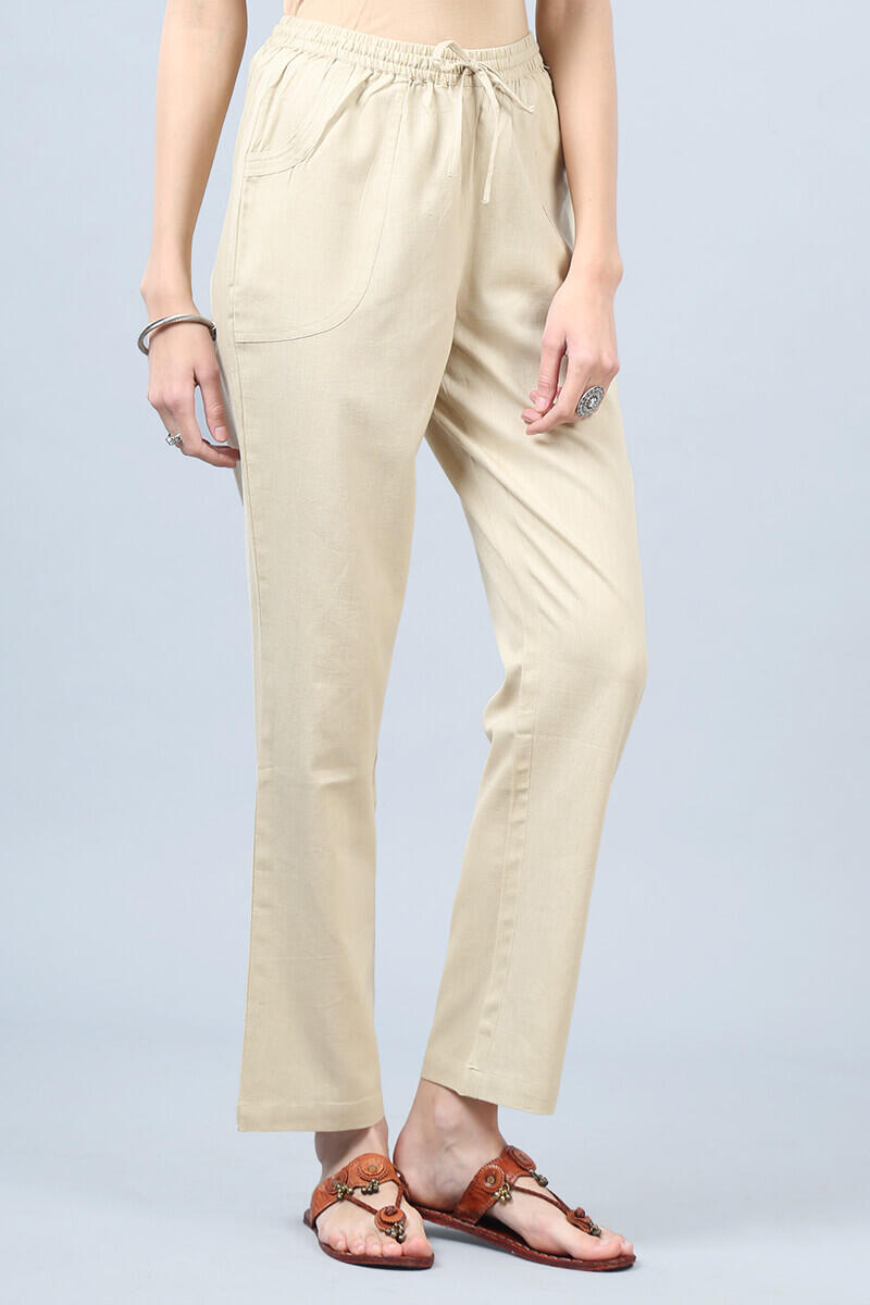 Beige Handcrafted Cotton Pants