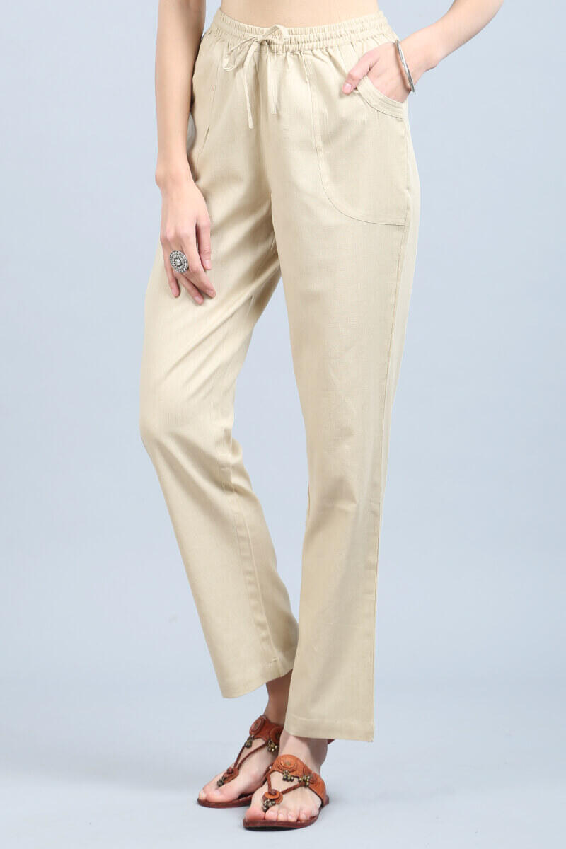 Beige Handcrafted Cotton Pants