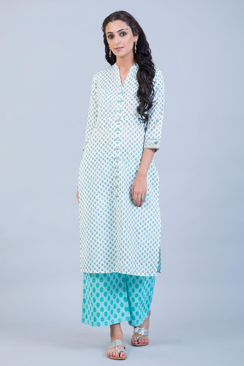 Blue Block Printed Straight Cotton Kurta