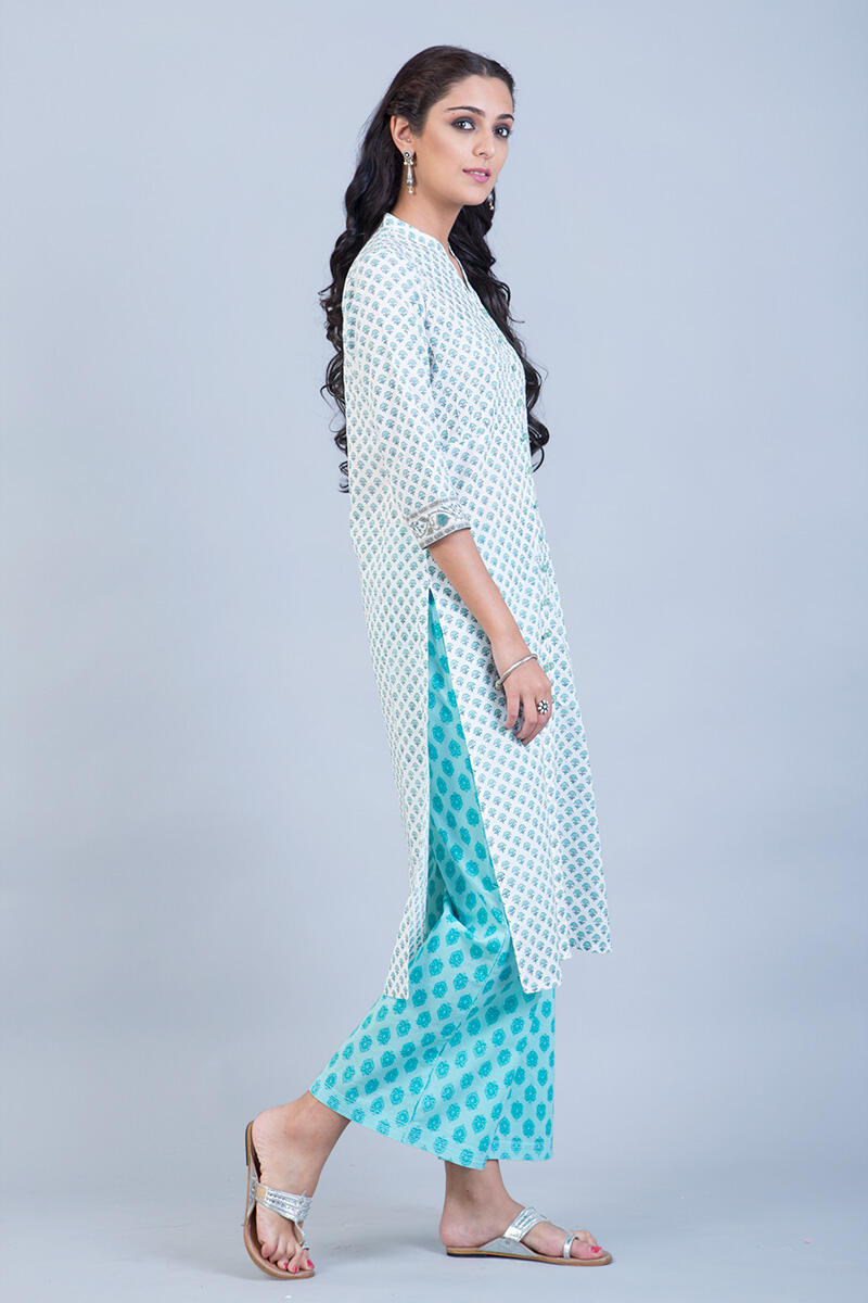 Blue Block Printed Straight Cotton Kurta