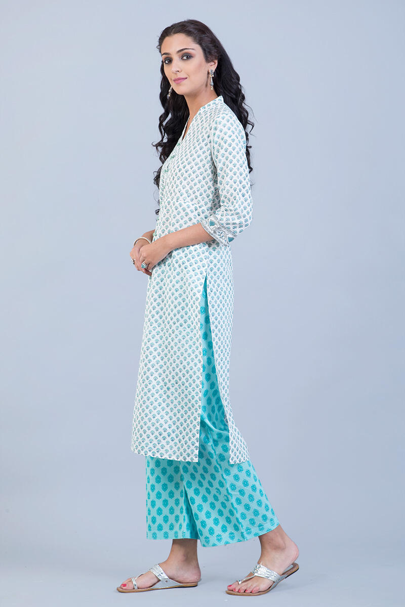 Blue Block Printed Straight Cotton Kurta