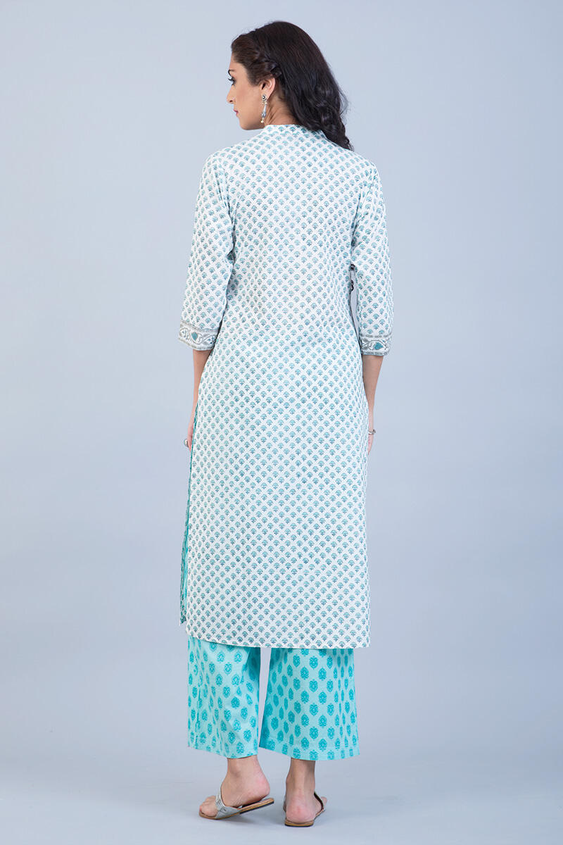 Blue Block Printed Straight Cotton Kurta