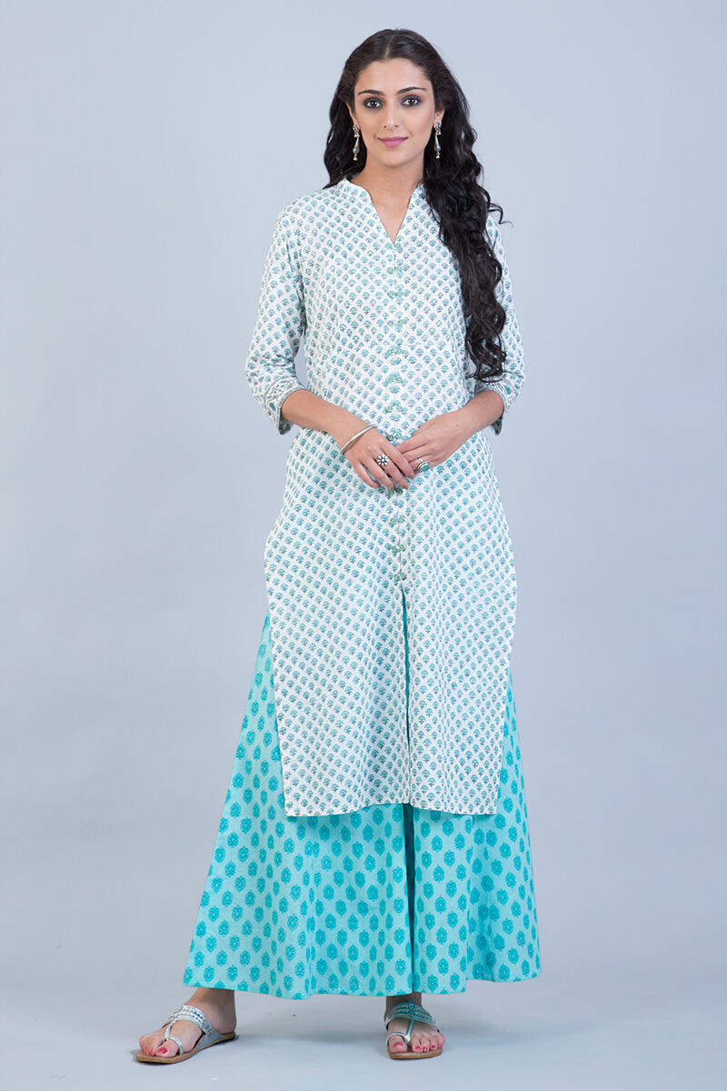 Blue Block Printed Straight Cotton Kurta