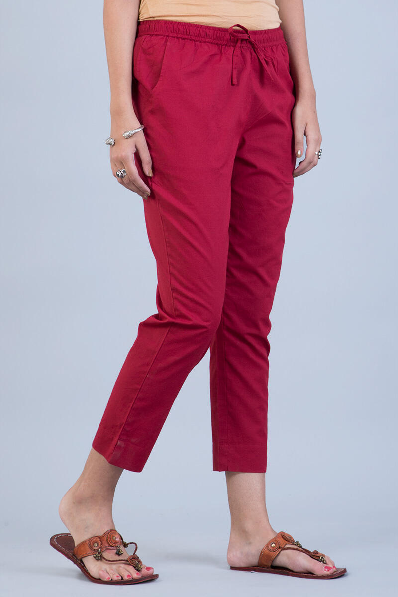 Maroon Handcrafted Cotton Narrow Pants