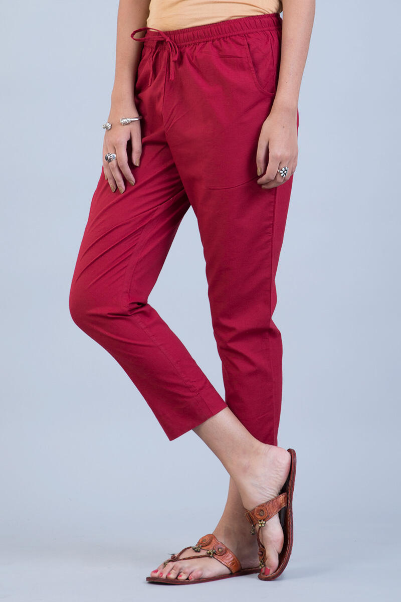 Maroon Handcrafted Cotton Narrow Pants