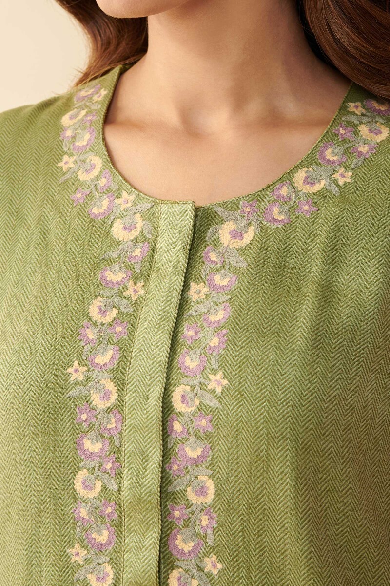 Green Handcrafted Straight Faux Wool Kurta