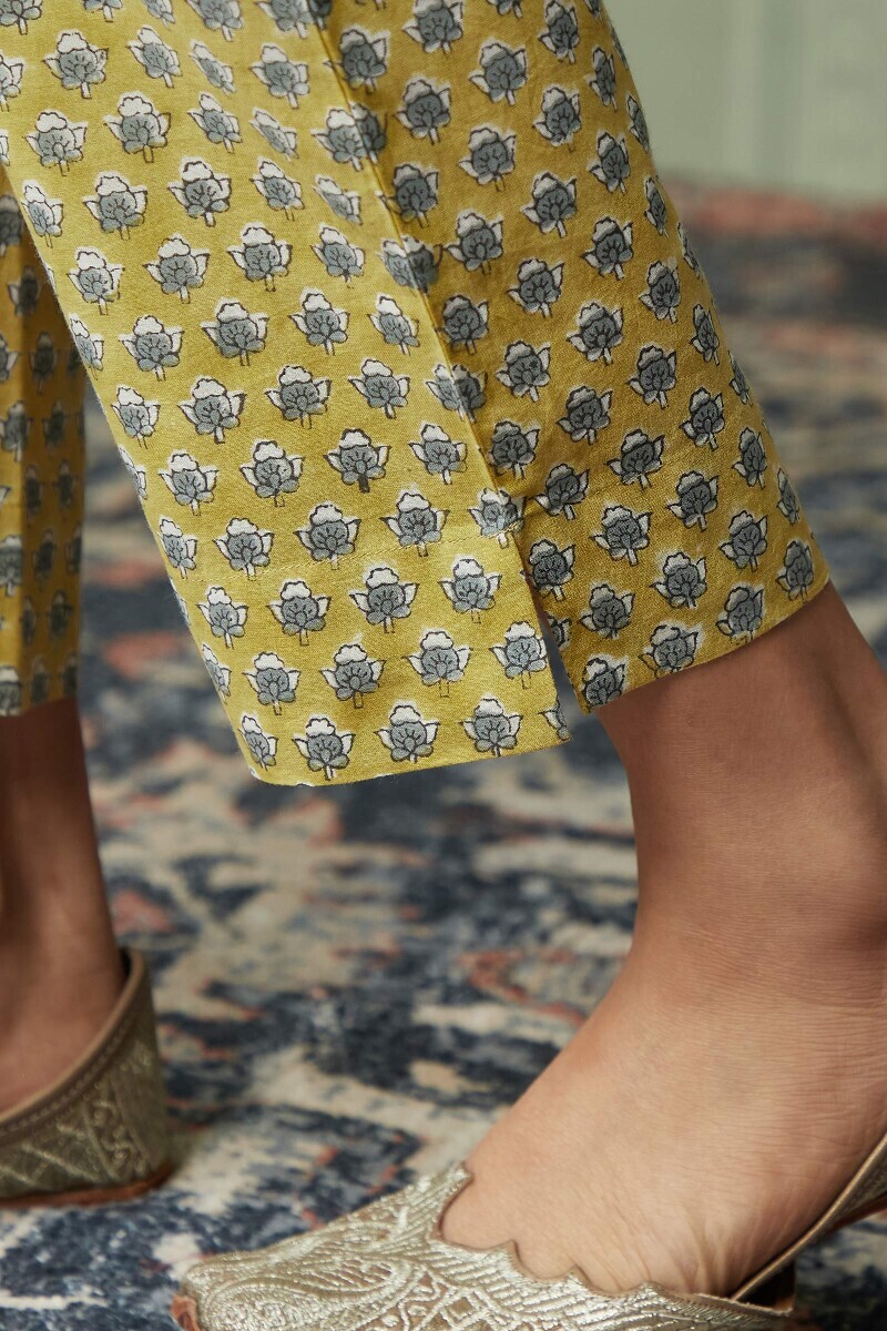 Mustard Hand Block-Printed Cotton Narrow Pants