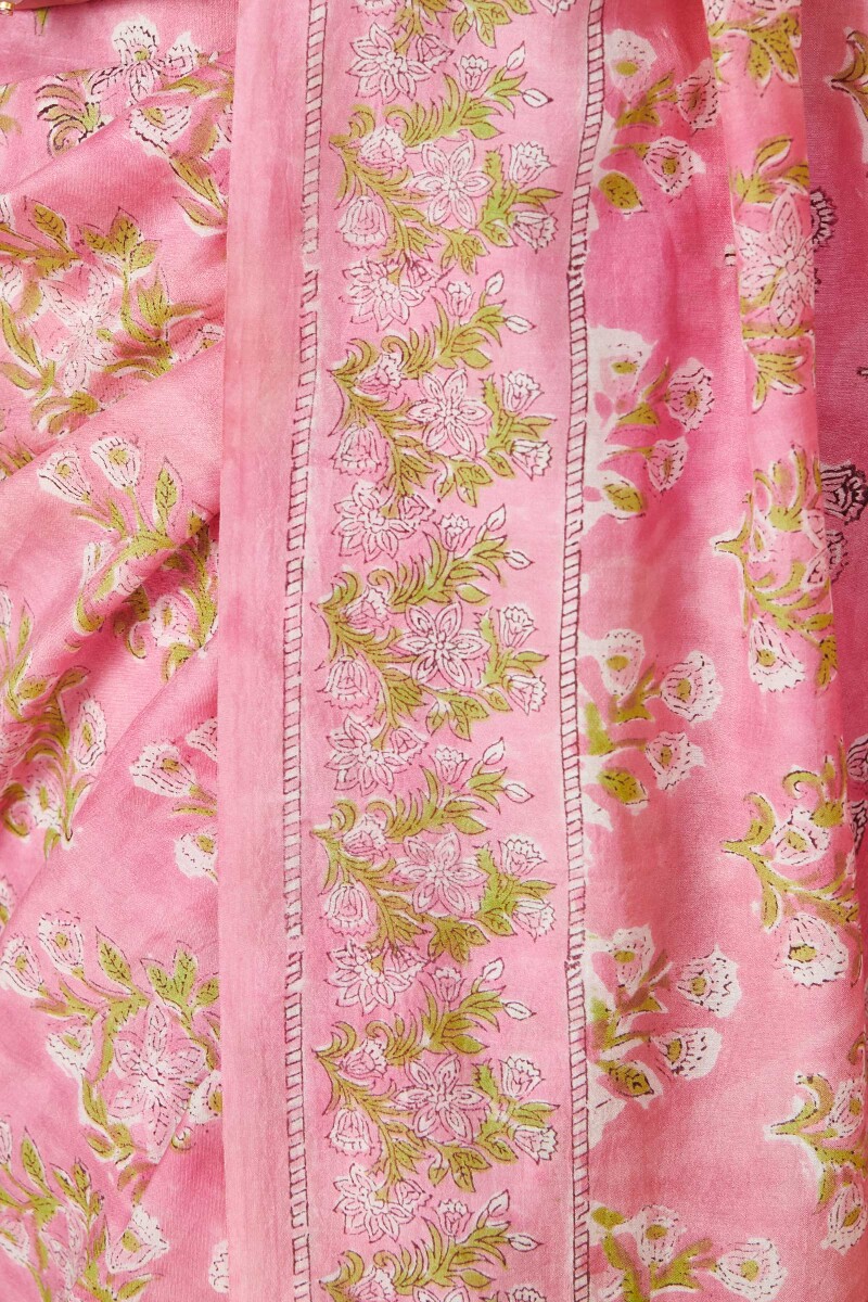 Pink Hand Block Printed Cotton Silk Saree