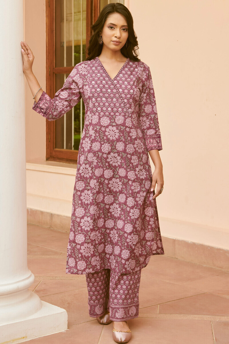 Purple Hand Block-Printed Straight Cotton Kurta