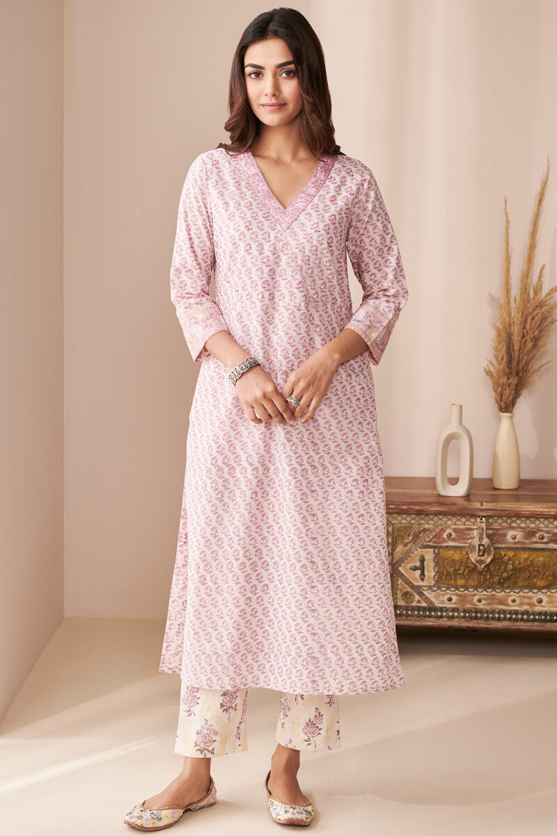 Purple Hand Block Printed Straight Cotton Kurta