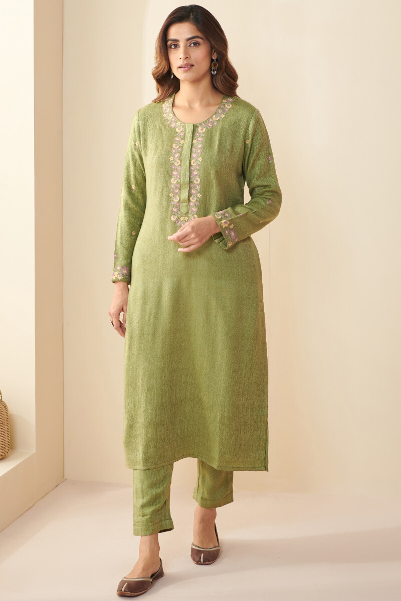 Green Handcrafted Straight Faux Wool Kurta