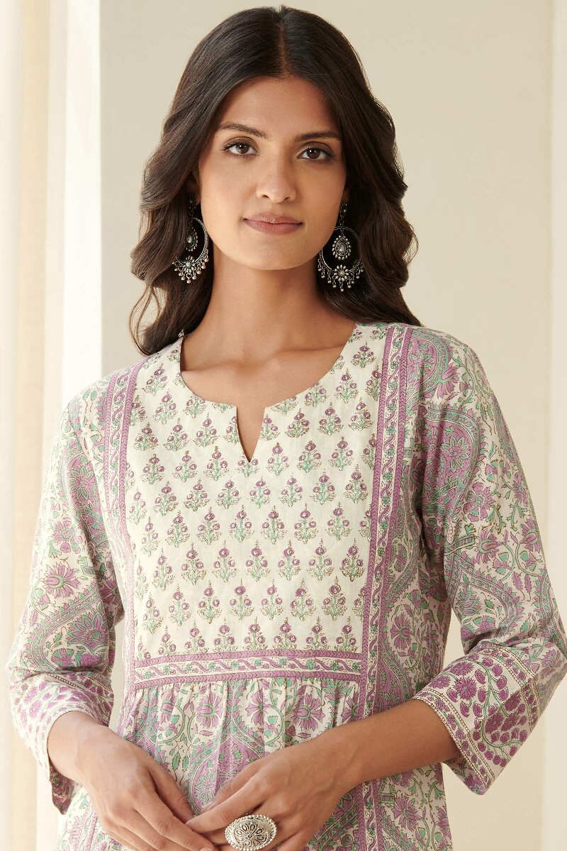 Pink Hand Block Printed A-Line Cotton Kurta