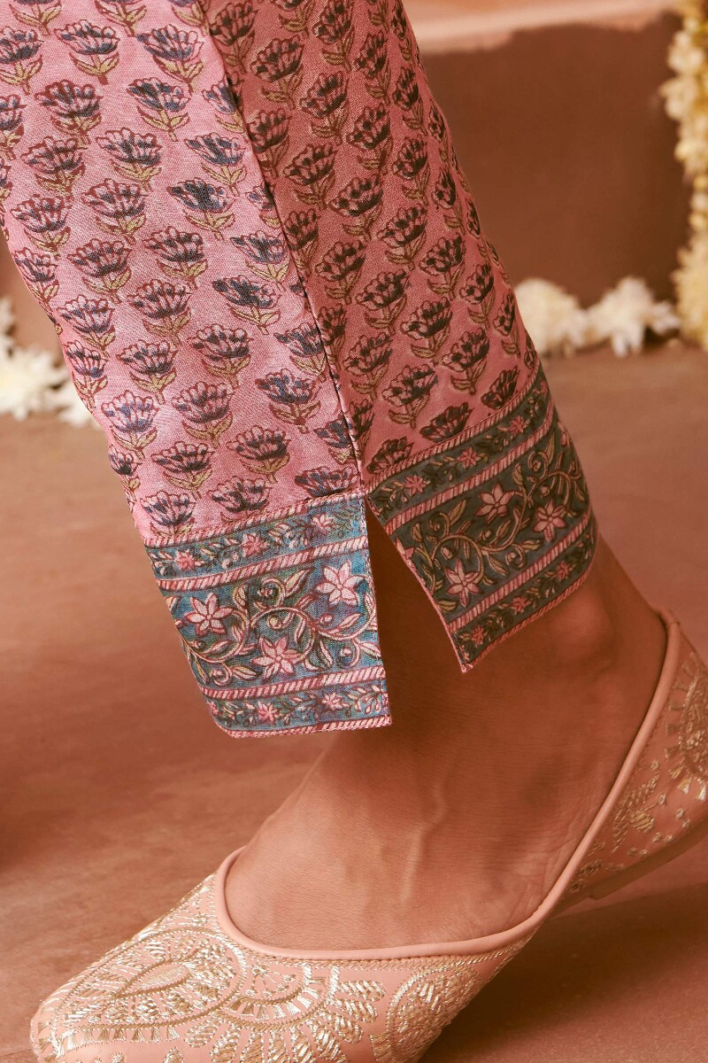 Pink Hand Block-Printed Chanderi Narrow Pants