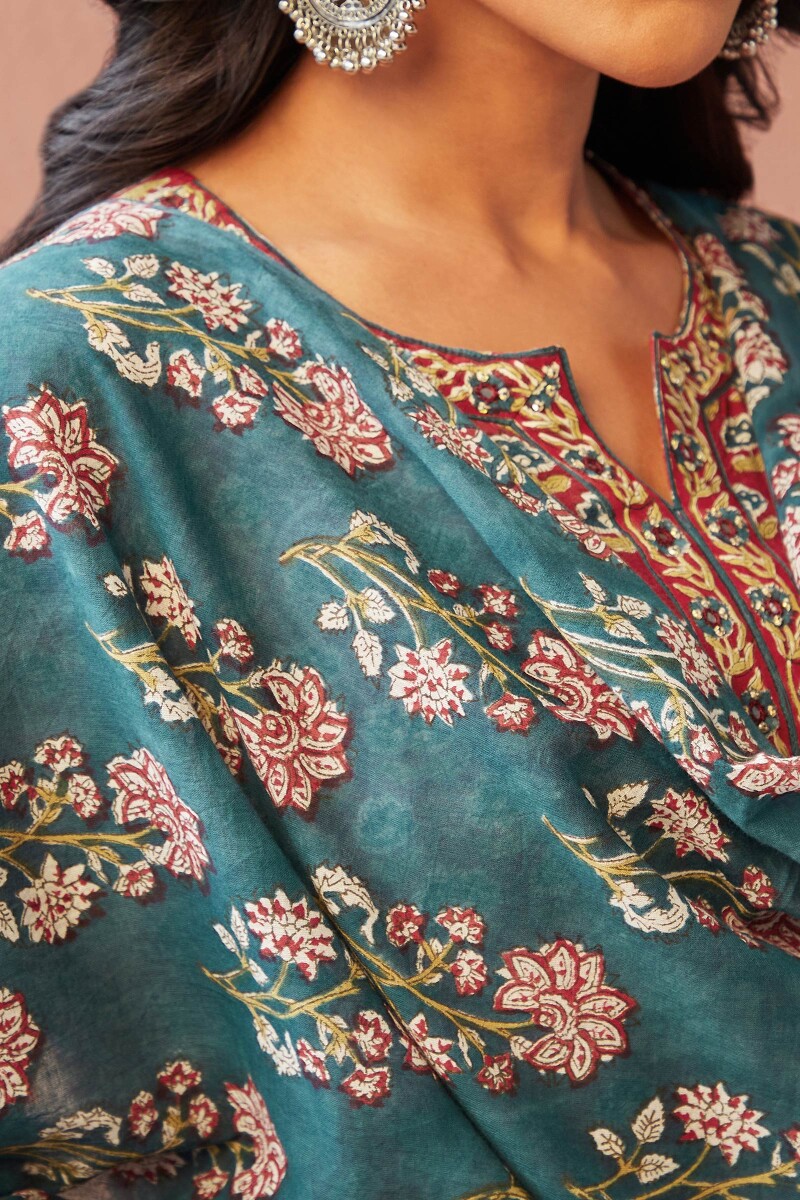 Teal Hand Block-Printed Cotton Mul Dupaatta