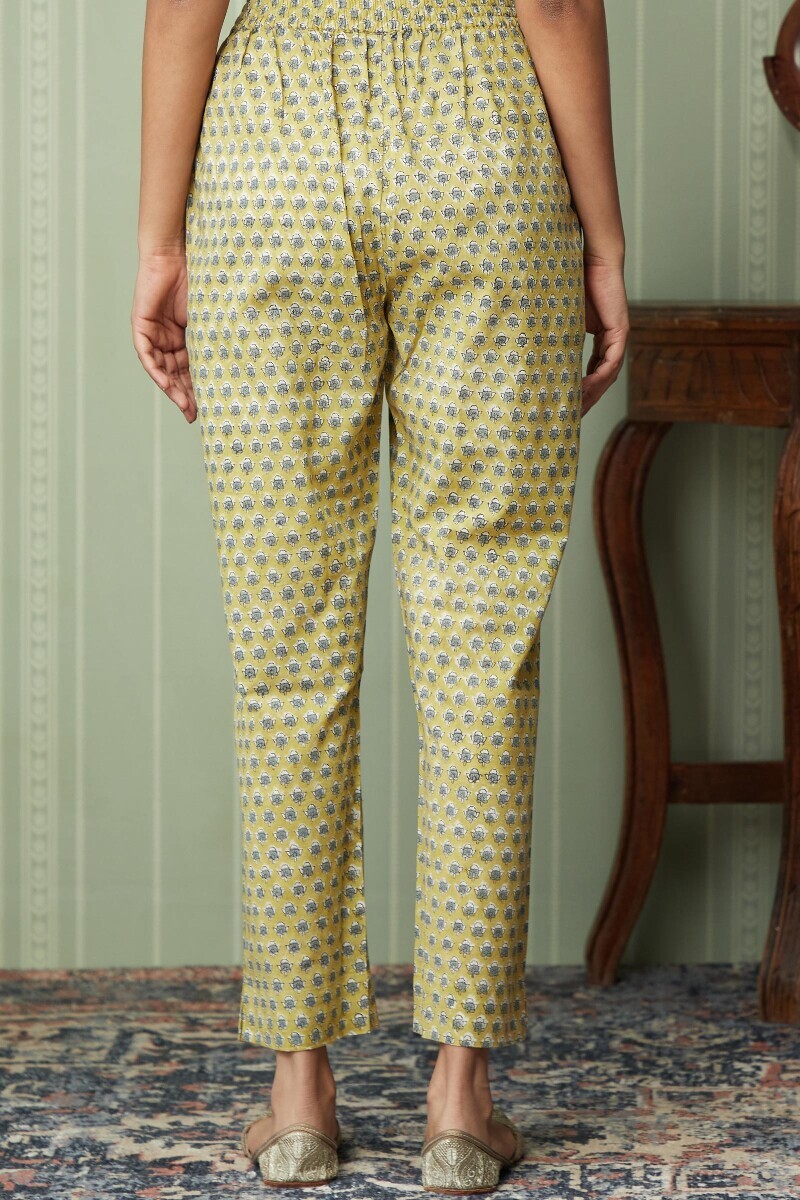 Mustard Hand Block-Printed Cotton Narrow Pants