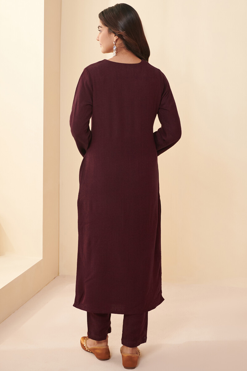 Red Handcrafted Straight Faux Wool Kurta