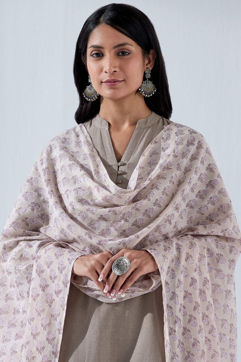 Beige Hand Block Printed Cotton Mul Dupatta