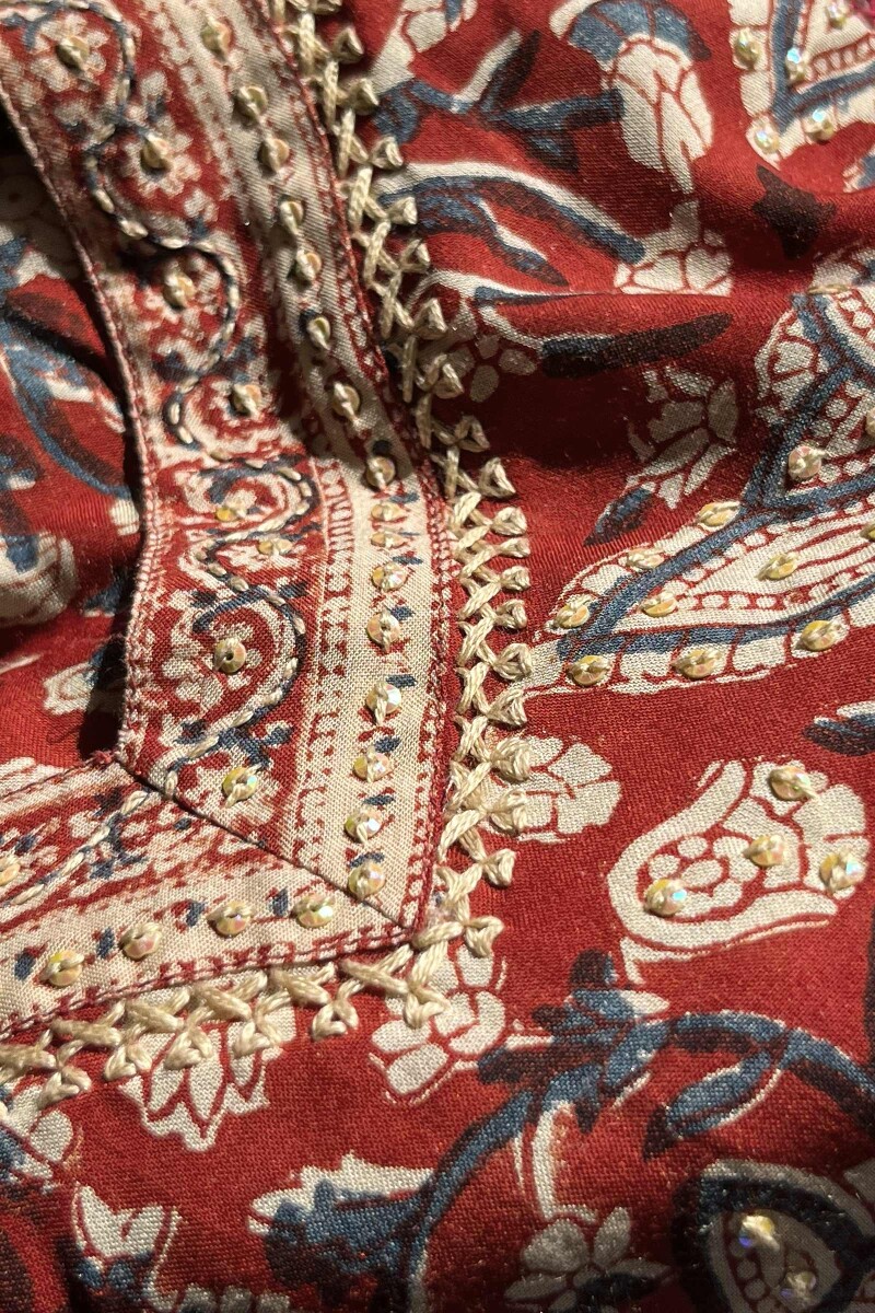Red Hand Block Printed Straight Viscose Kurta