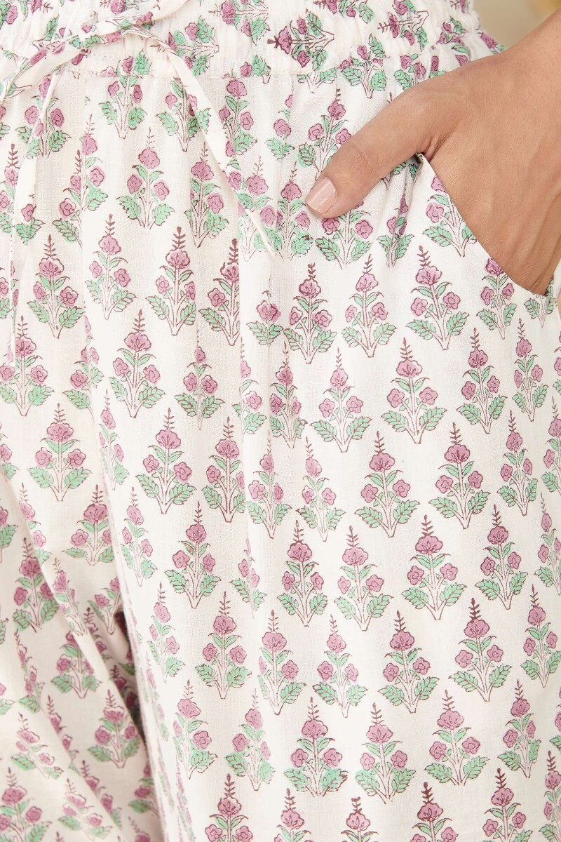 White Hand Block Printed Cotton Cigarette Pants