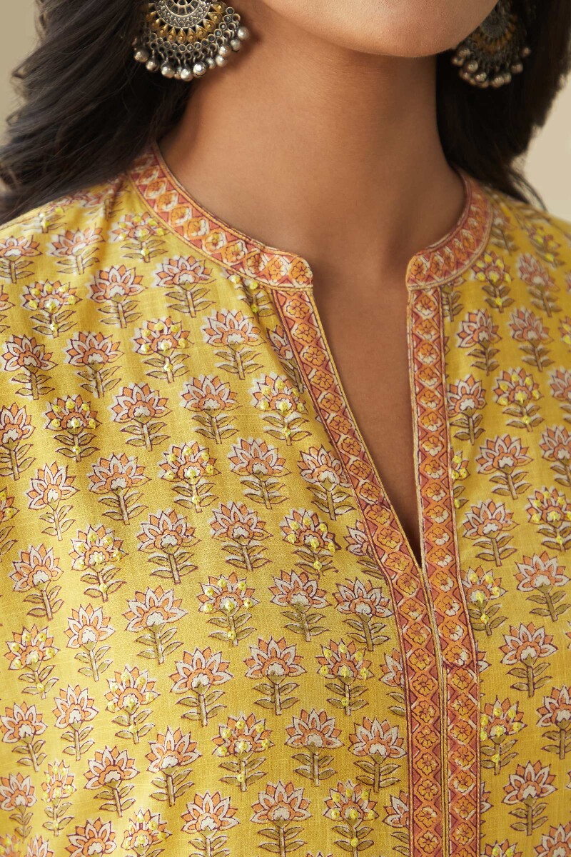 Yellow Hand Block Printed Straight Cotton Kurta
