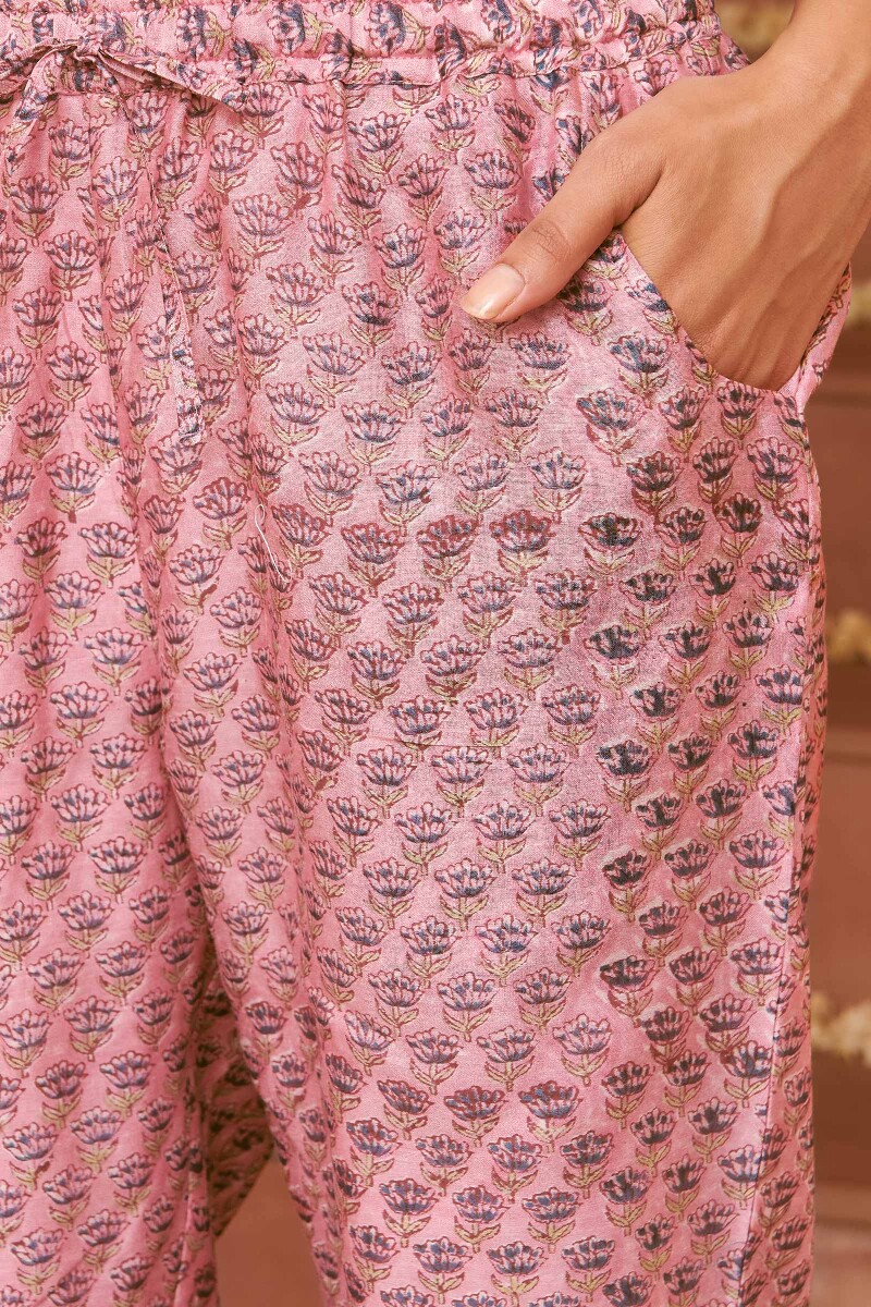 Pink Hand Block-Printed Chanderi Narrow Pants