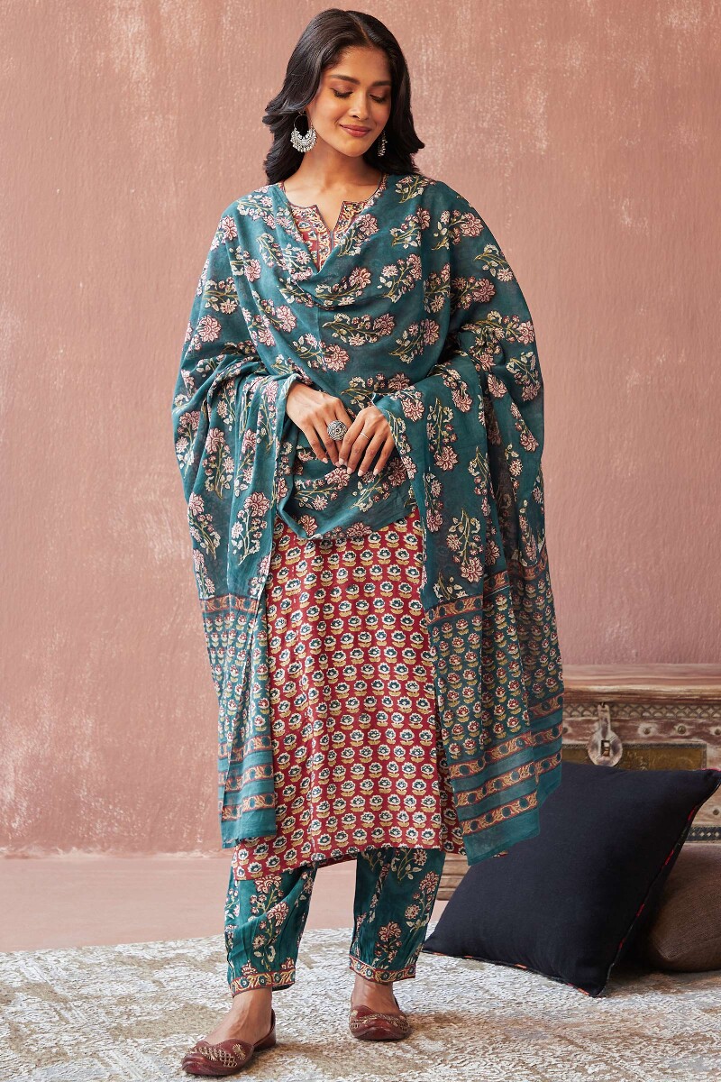 Teal Hand Block-Printed Viscose Izhaar Pants