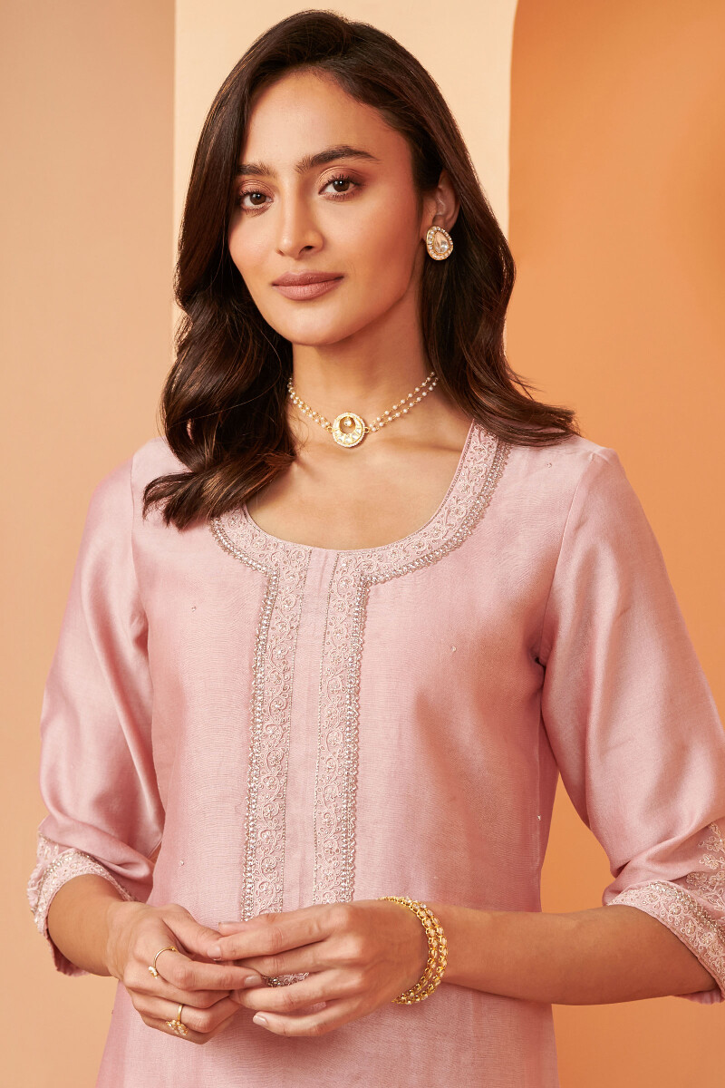 Pink Handcrafted Straight Chanderi Kurta