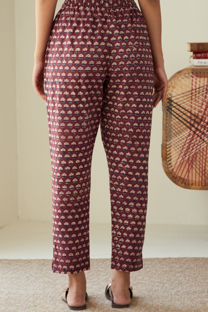 Maroon Hand Block-Printed Cotton Narrow Pants