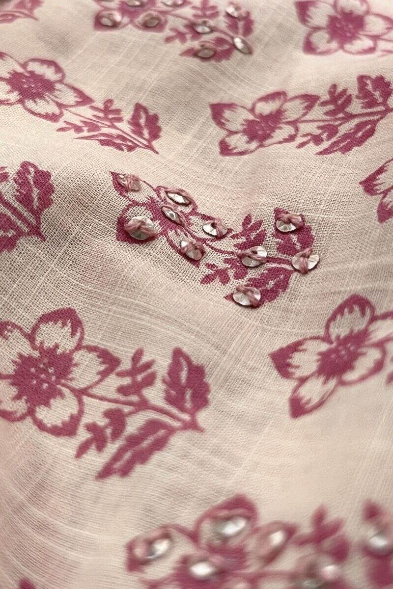 Pink Hand Printed Straight Cotton Slub Kurta