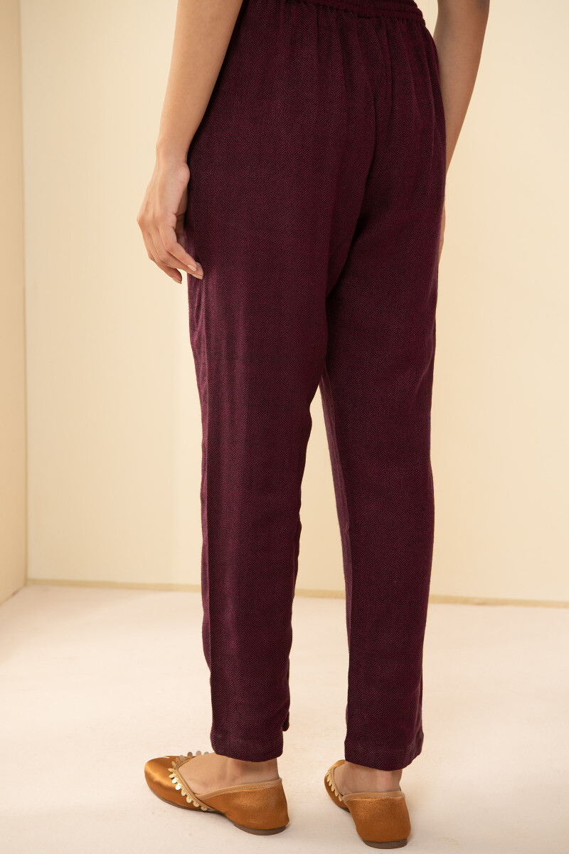 Red Handcrafted Faux Wool Handloom Narrow Pants