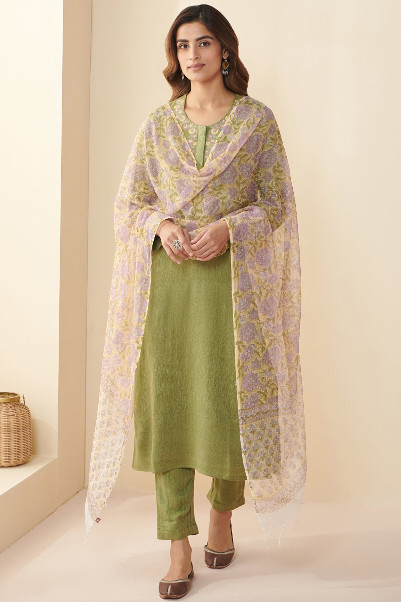 Green Handcrafted Straight Faux Wool Kurta