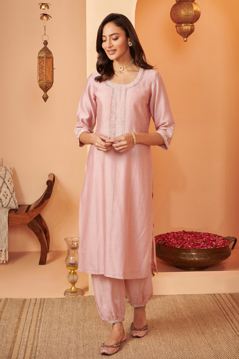 Pink Handcrafted Straight Chanderi Kurta