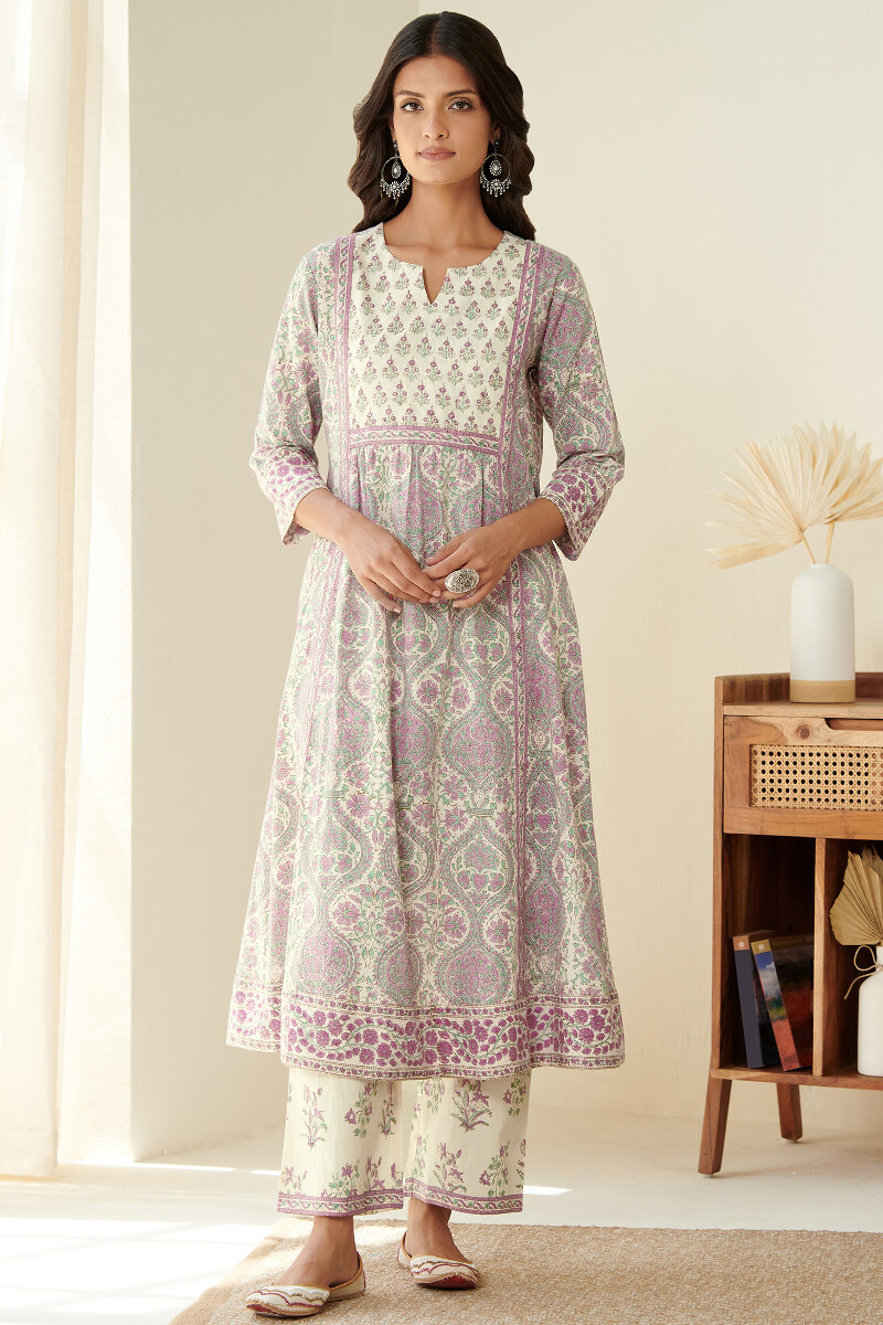 Pink Hand Block Printed A-Line Cotton Kurta