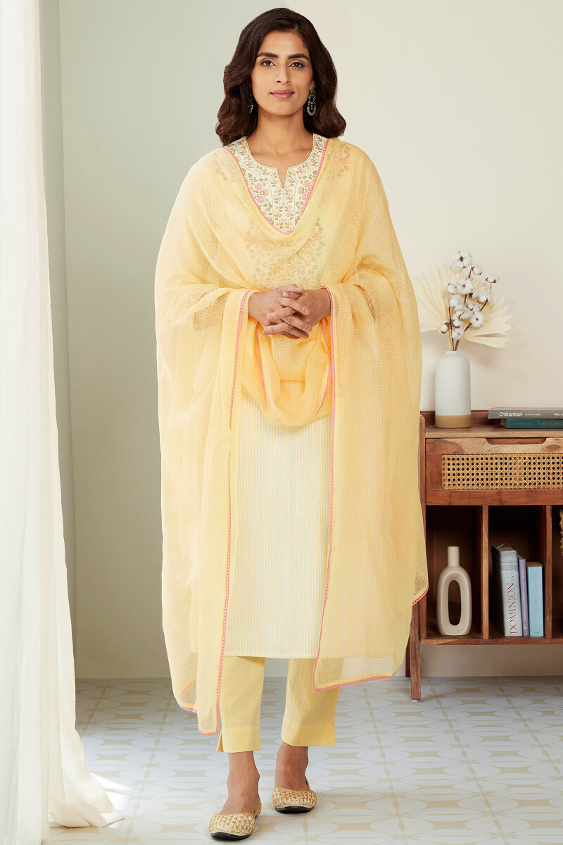 Yellow Handcrafted Straight Cotton Flax Kurta