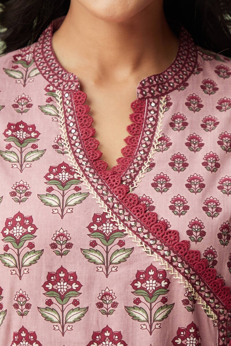 Pink Hand Printed Angrakha Cotton Kurta