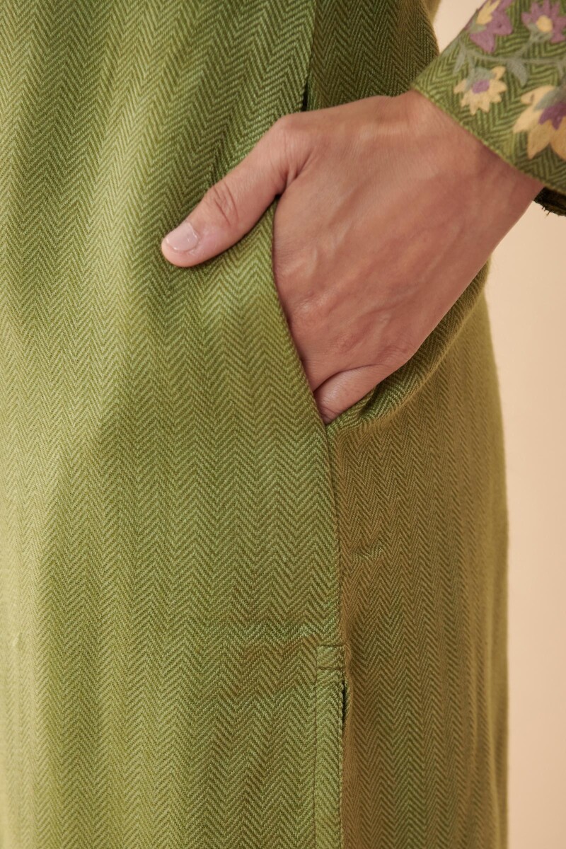 Green Handcrafted Straight Faux Wool Kurta