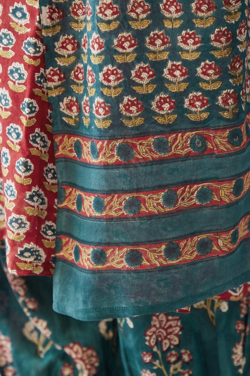 Teal Hand Block-Printed Cotton Mul Dupaatta