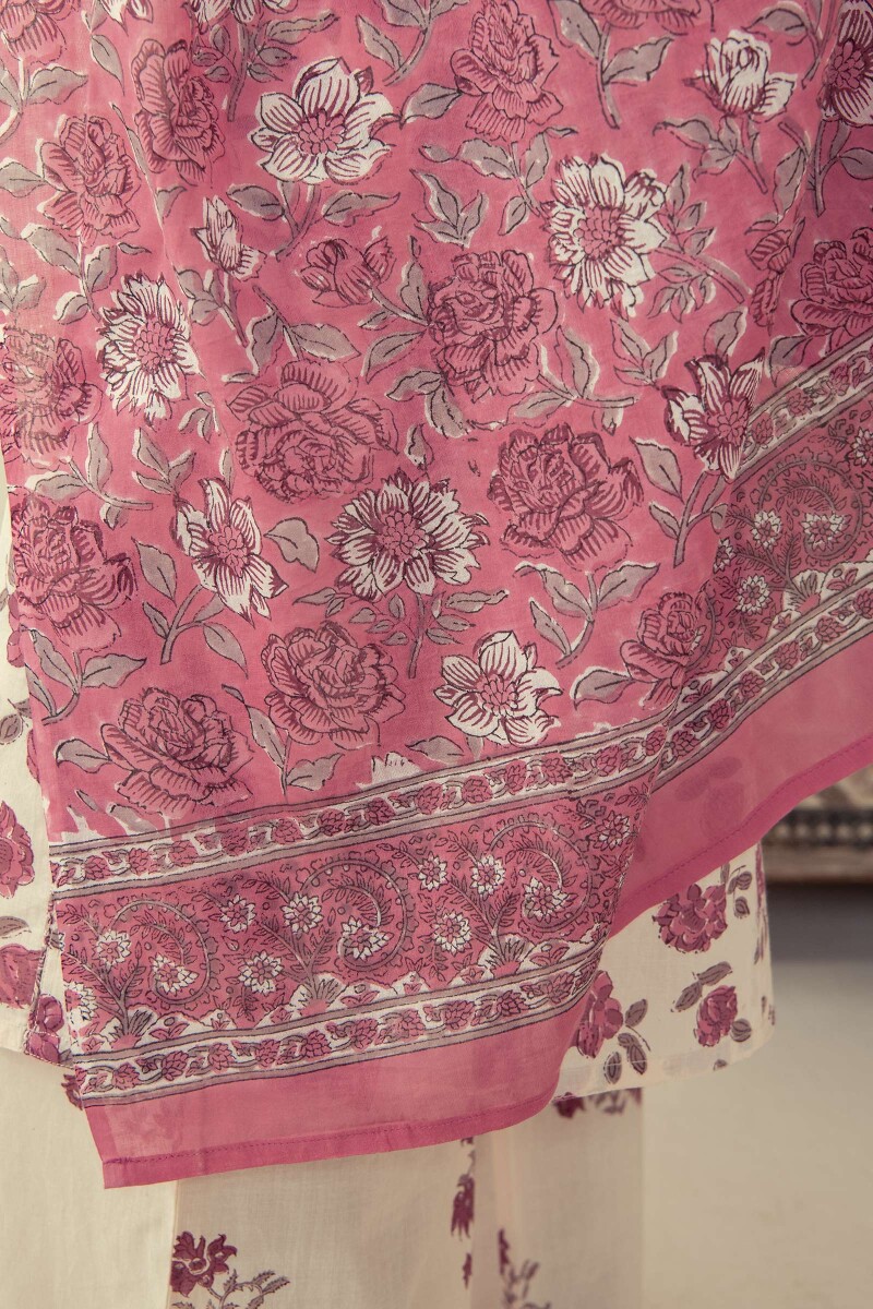 Pink Hand Block Printed Cotton Mul Dupatta