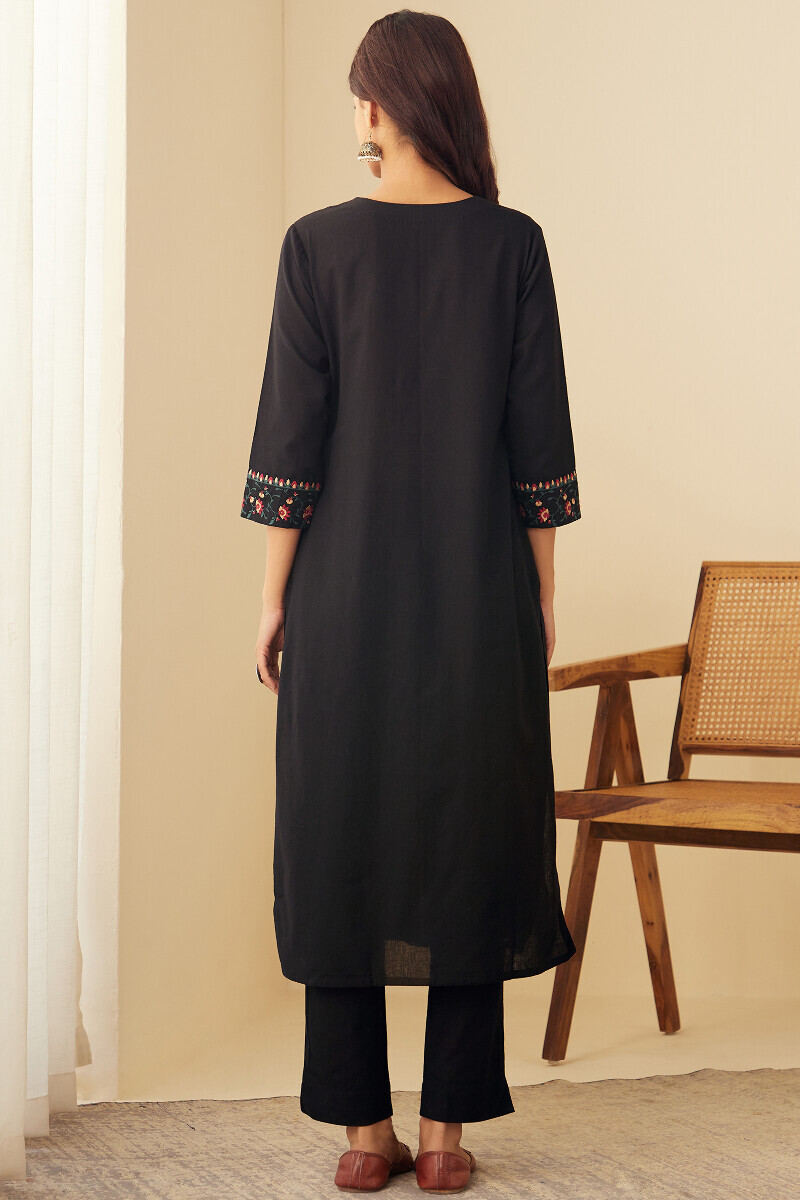 Black Handcrafted Straight Cotton Flax Kurta