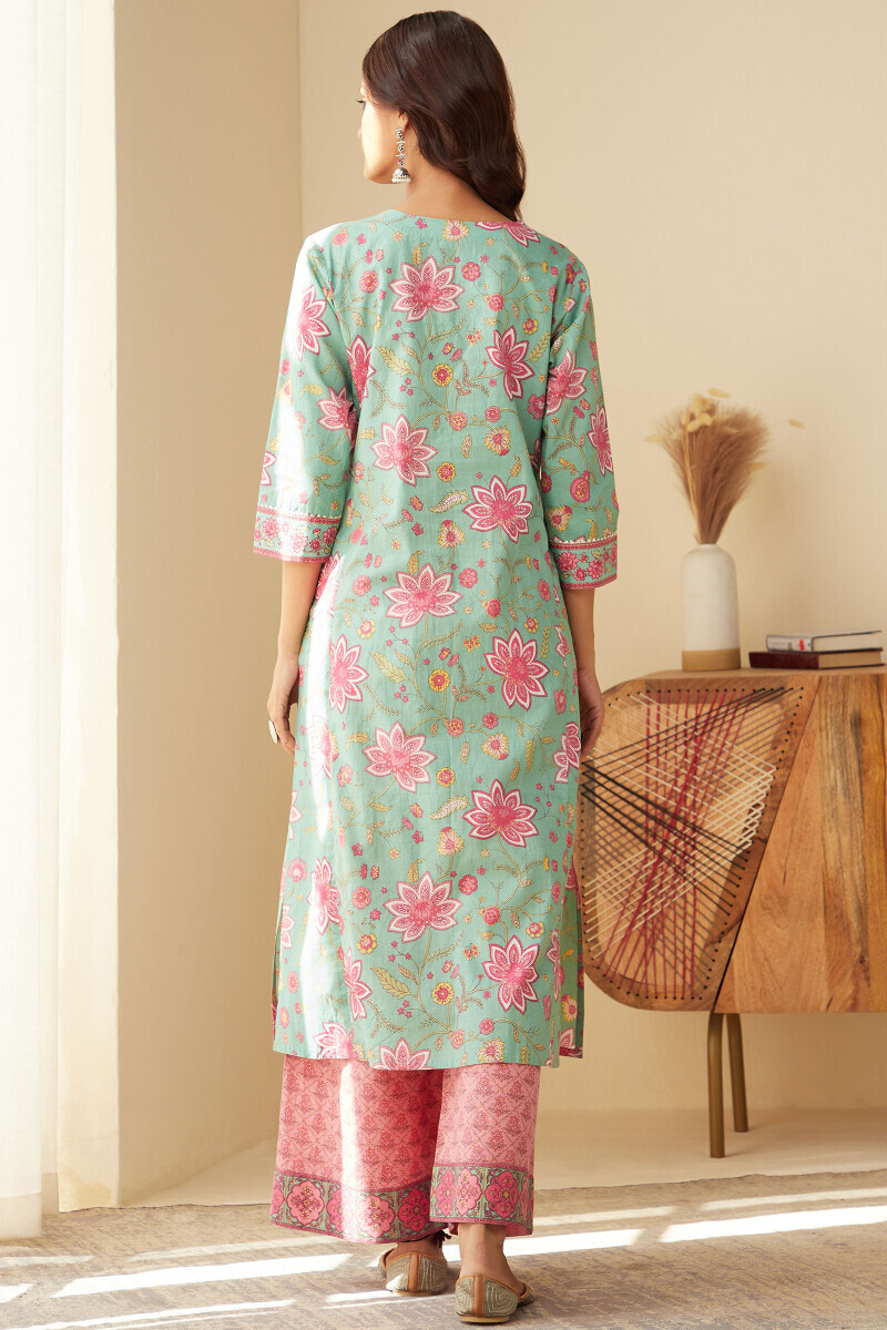 Green Hand Printed Straight Cotton Kurta