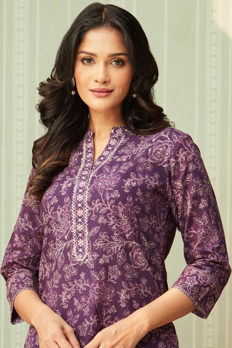 Purple Printed Straight Cotton Kurta