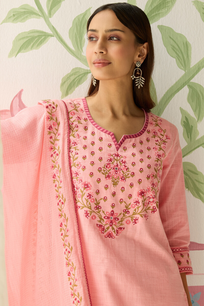 Pink Handcrafted Straight Gauze Slub Kurta