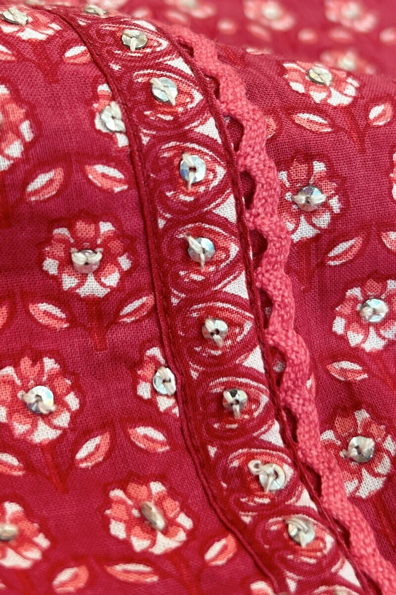 Pink Hand Printed Straight Cotton Kurta