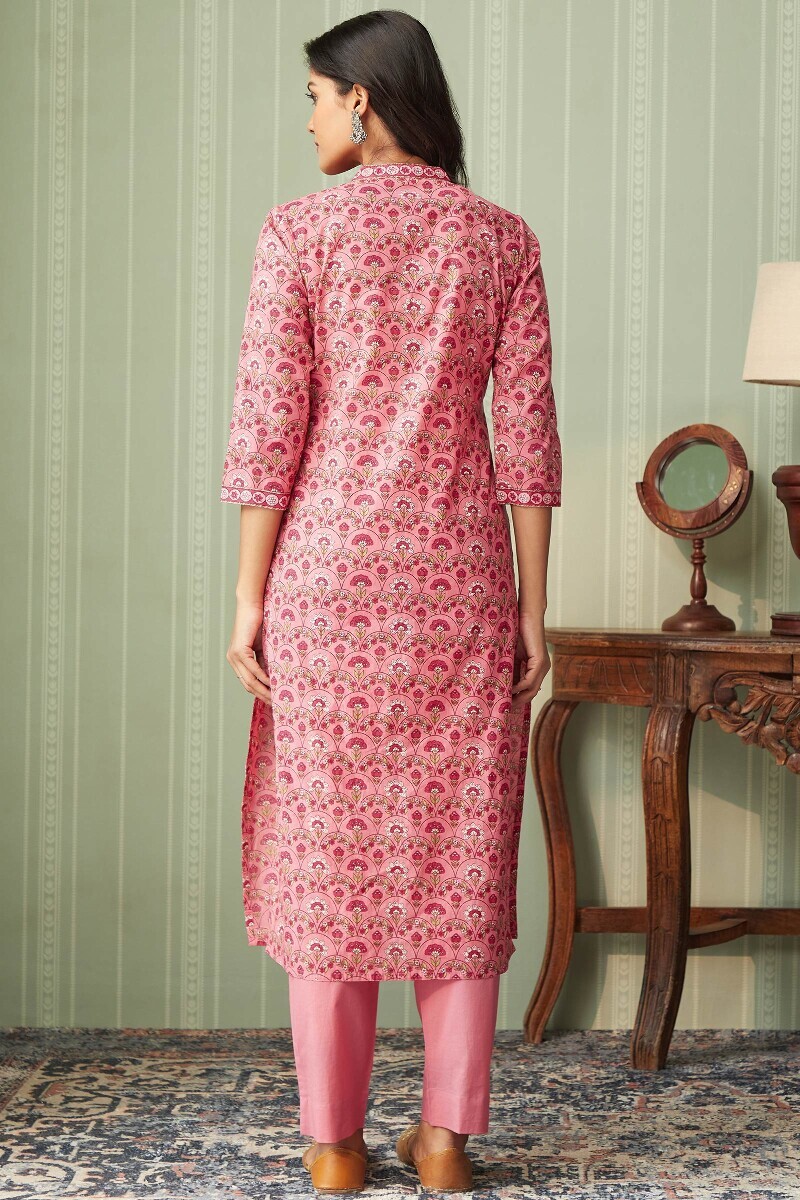 Pink Hand Printed Straight Cotton Kurta