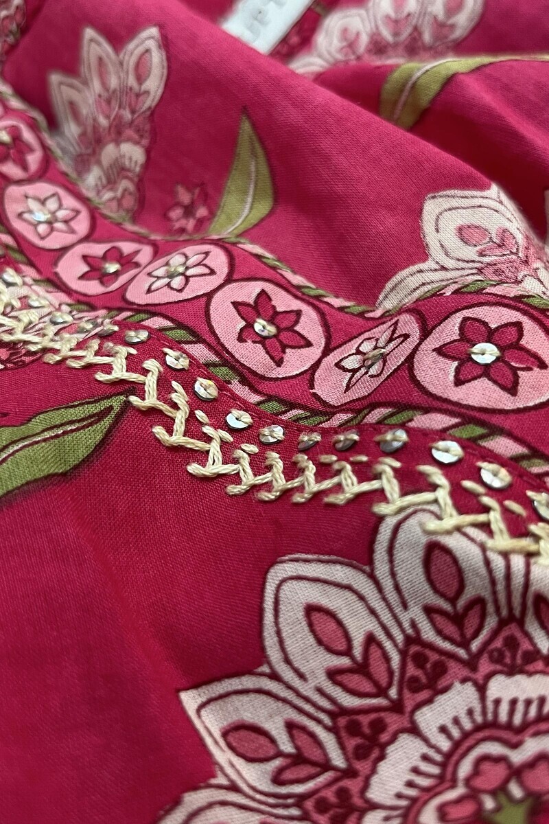 Pink Hand Printed Straight Cotton Kurta