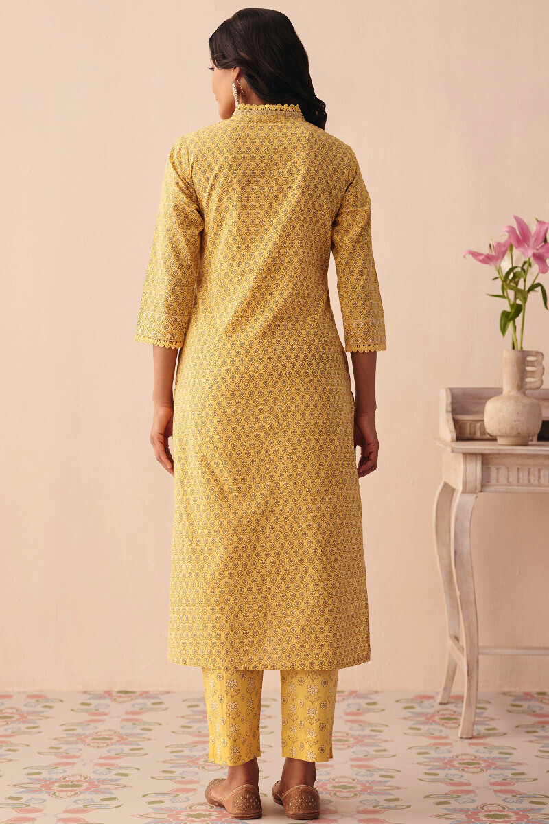 Yellow Hand Printed Straight Cotton Kurta