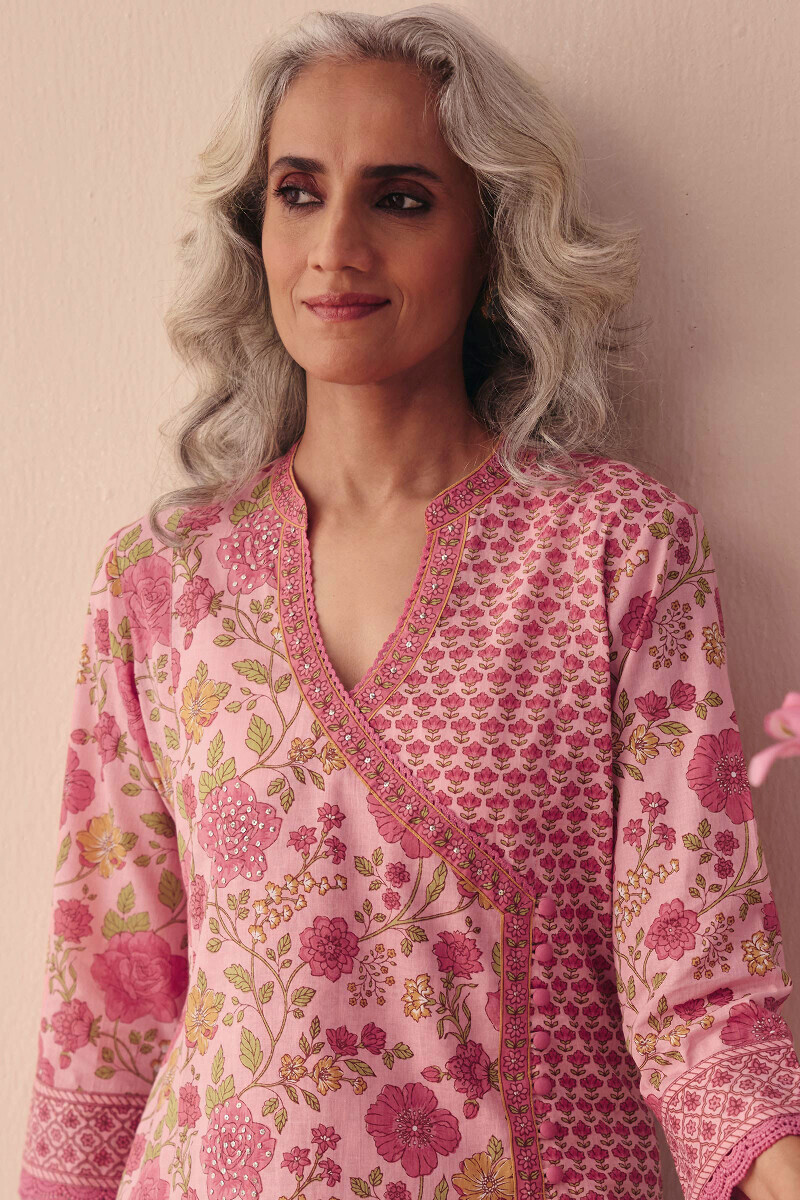 Pink Hand Printed Angrakha Cotton Kurta