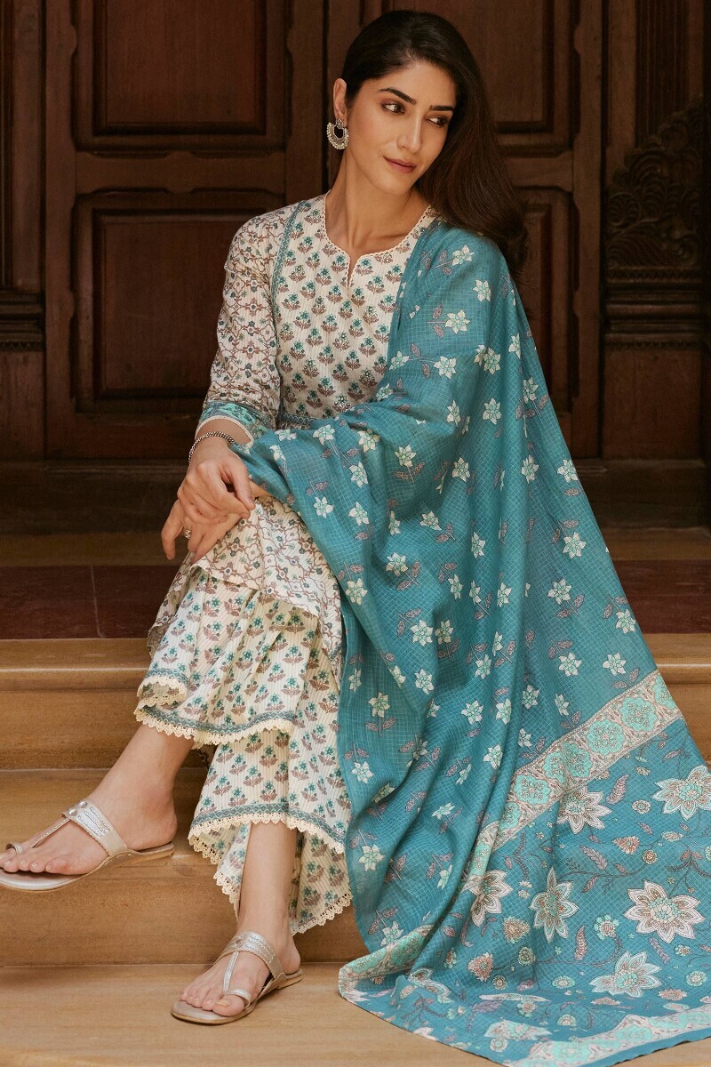 Cream Hand Printed A-Line Cotton Dobby Kurta